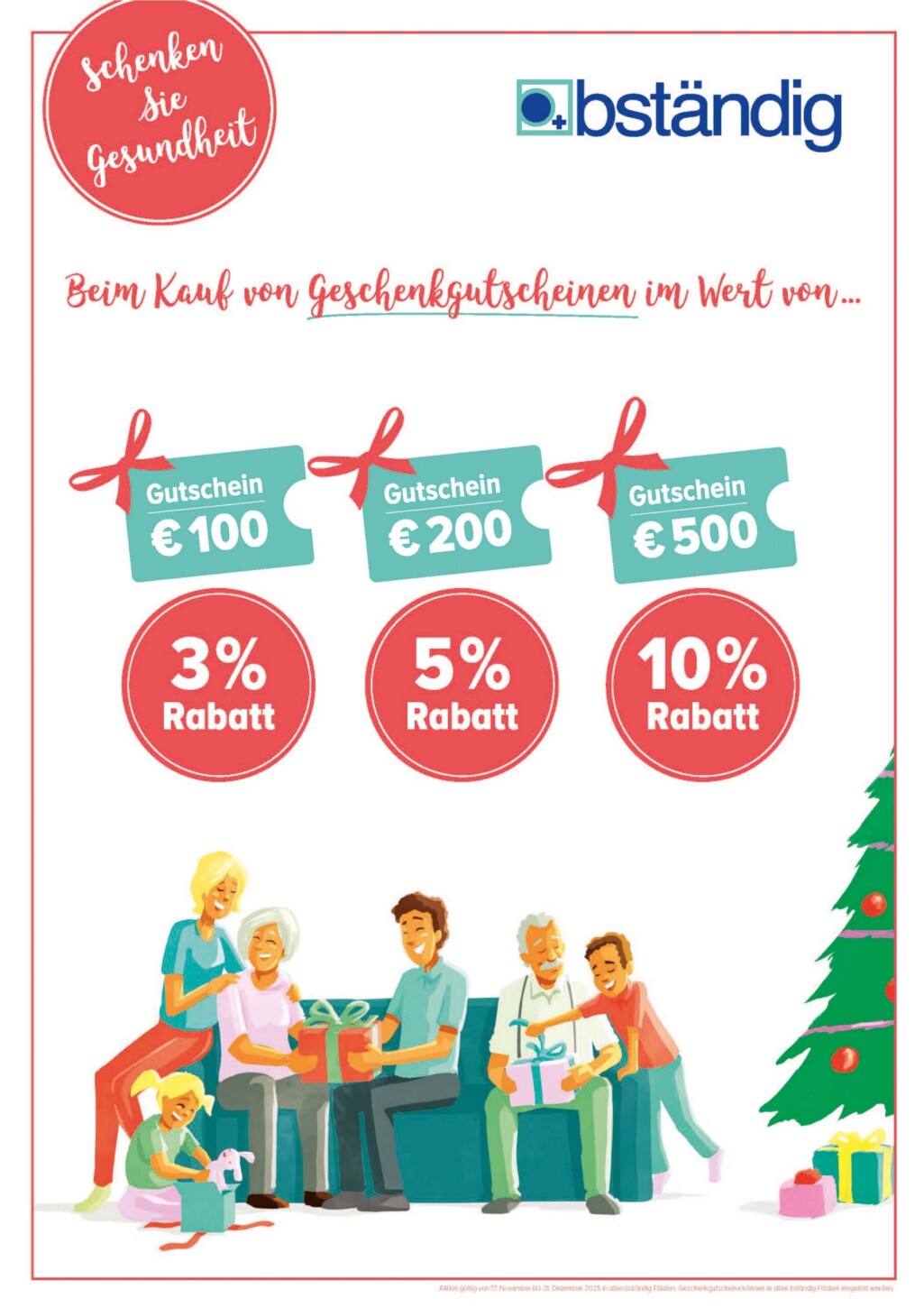Weihnachtsplakat von bständig: Geschenkgutschein-Aktion mit Rabatten von 3 %, 5 % und 10 % sowie Illustration einer fröhlichen Familie vor einem geschmückten Weihnachtsbaum