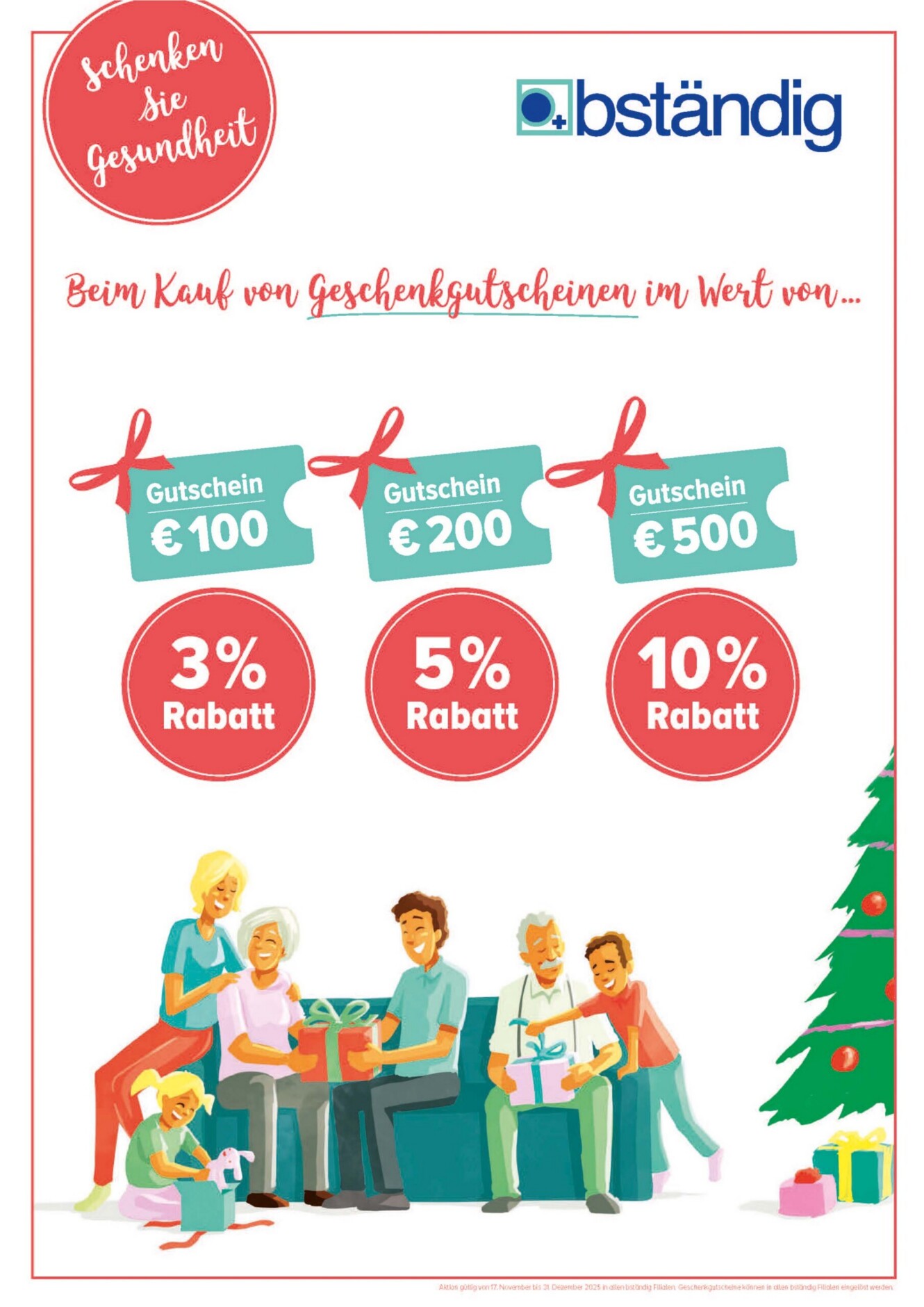 Weihnachtsplakat von bständig: Geschenkgutschein-Aktion mit Rabatten von 3 %, 5 % und 10 % sowie Illustration einer fröhlichen Familie vor einem geschmückten Weihnachtsbaum