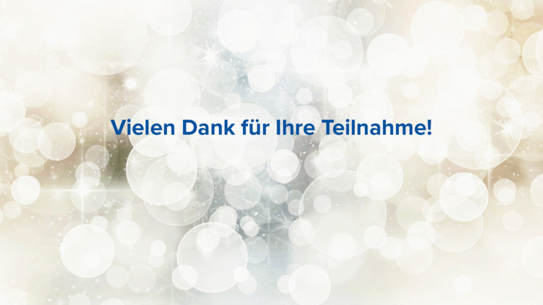 Winterlicher Header mit abstrakten Schneeflocken und warmem festlichem Licht; Text: ‚Vielen Dank für Ihre Teilnahme.