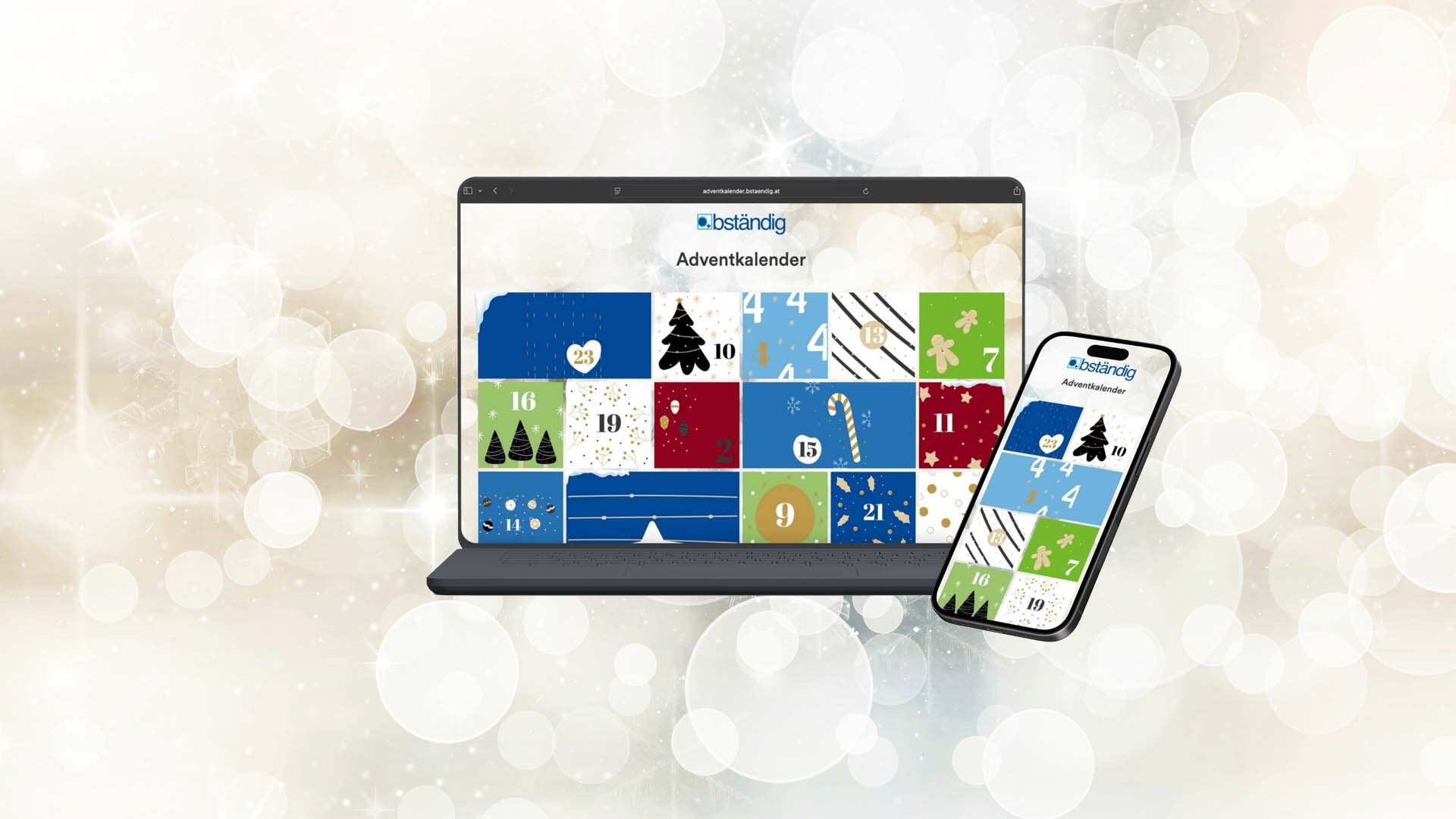 Winterlicher Header mit abstrakten Schneeflocken und warmem festlichem Licht; online Adventskalender von bständig