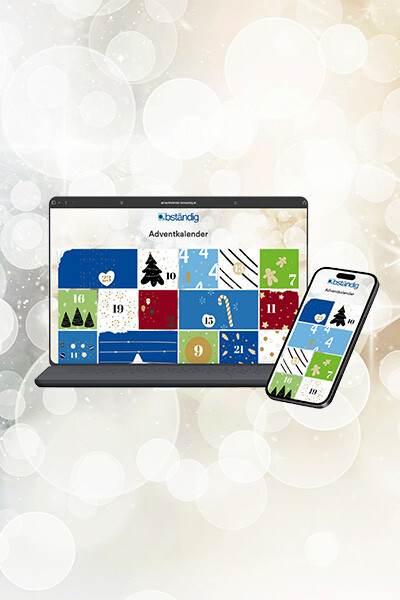 Winterlicher Header mit abstrakten Schneeflocken und warmem festlichem Licht; online Adventskalender von bständig