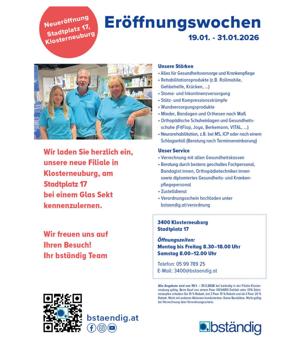 Flyer von bständig zur Neueröffnung am Stadtplatz 17 in Klosterneuburg mit Teambild, Öffnungszeiten und Serviceübersicht.