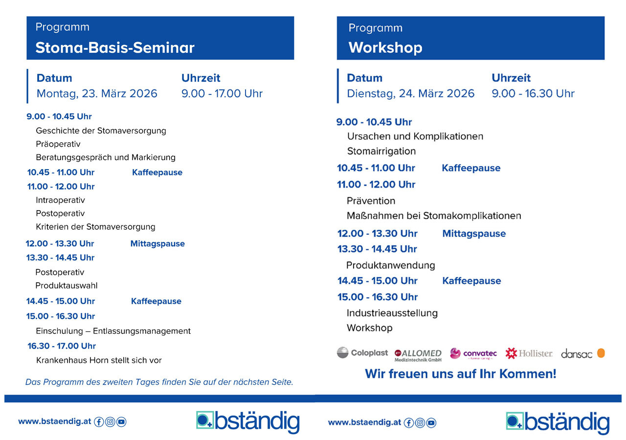 Einladung zum Stoma-Seminar Horn 2026 von bständig mit detailliertem 2-Tages-Programm.