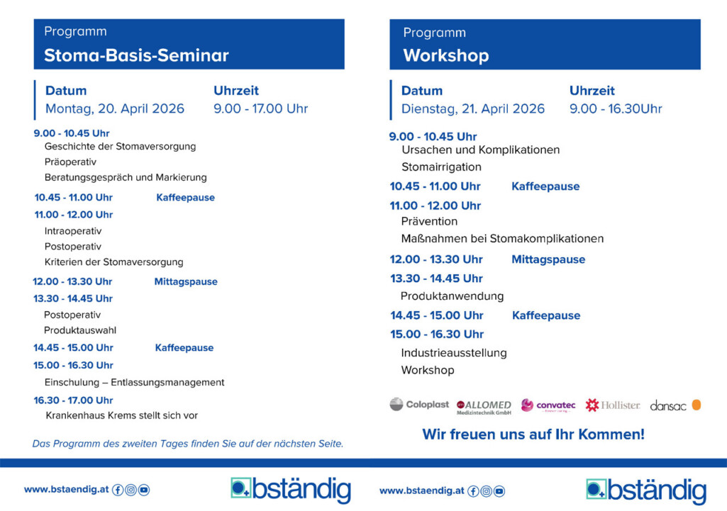 Einladung zum Stoma-Seminar Krems 2026 von bständig mit detailliertem 2-Tages-Programm.