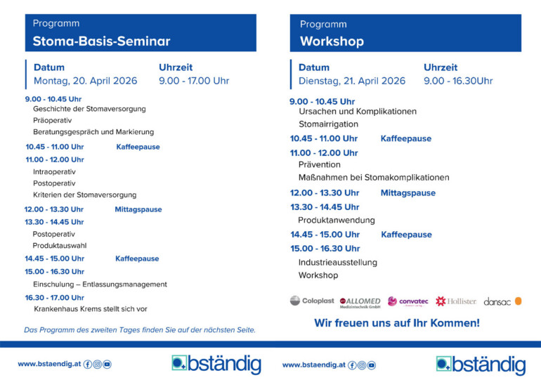 Einladung zum Stoma-Seminar Krems 2026 von bständig mit detailliertem 2-Tages-Programm.