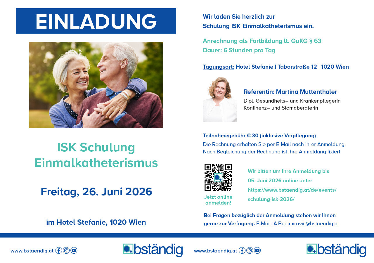 Einladung zur ISK-Schulung Einmalkatheterismus 2026 von bständig: Titelseite.