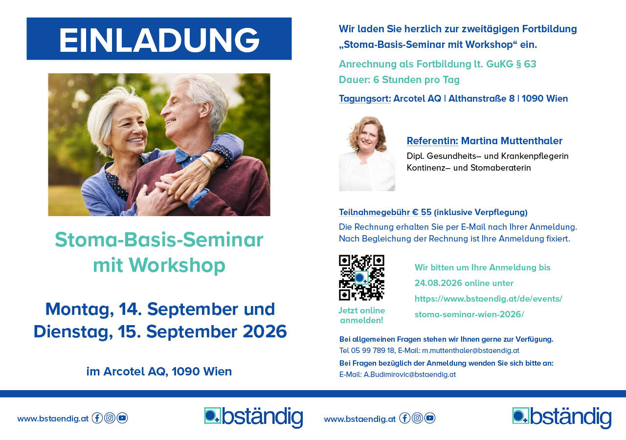 Einladung zum Stoma-Seminar Wien 2026 von bständig: Titelseite.