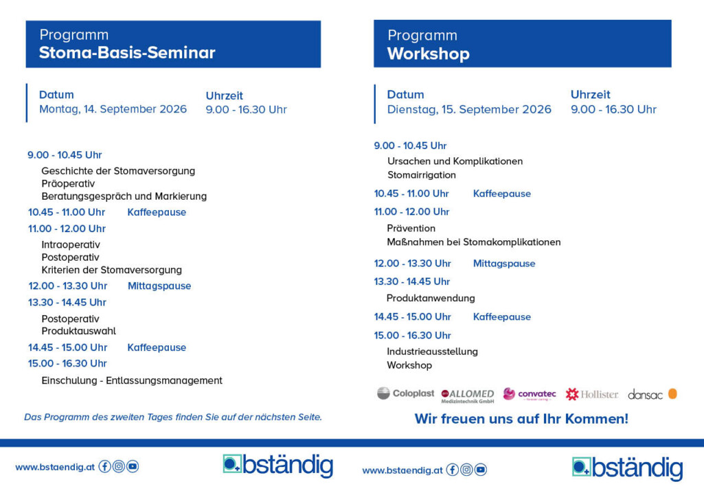 Einladung zum Stoma-Seminar Krems 2026 von bständig mit detailliertem 2-Tages-Programm.