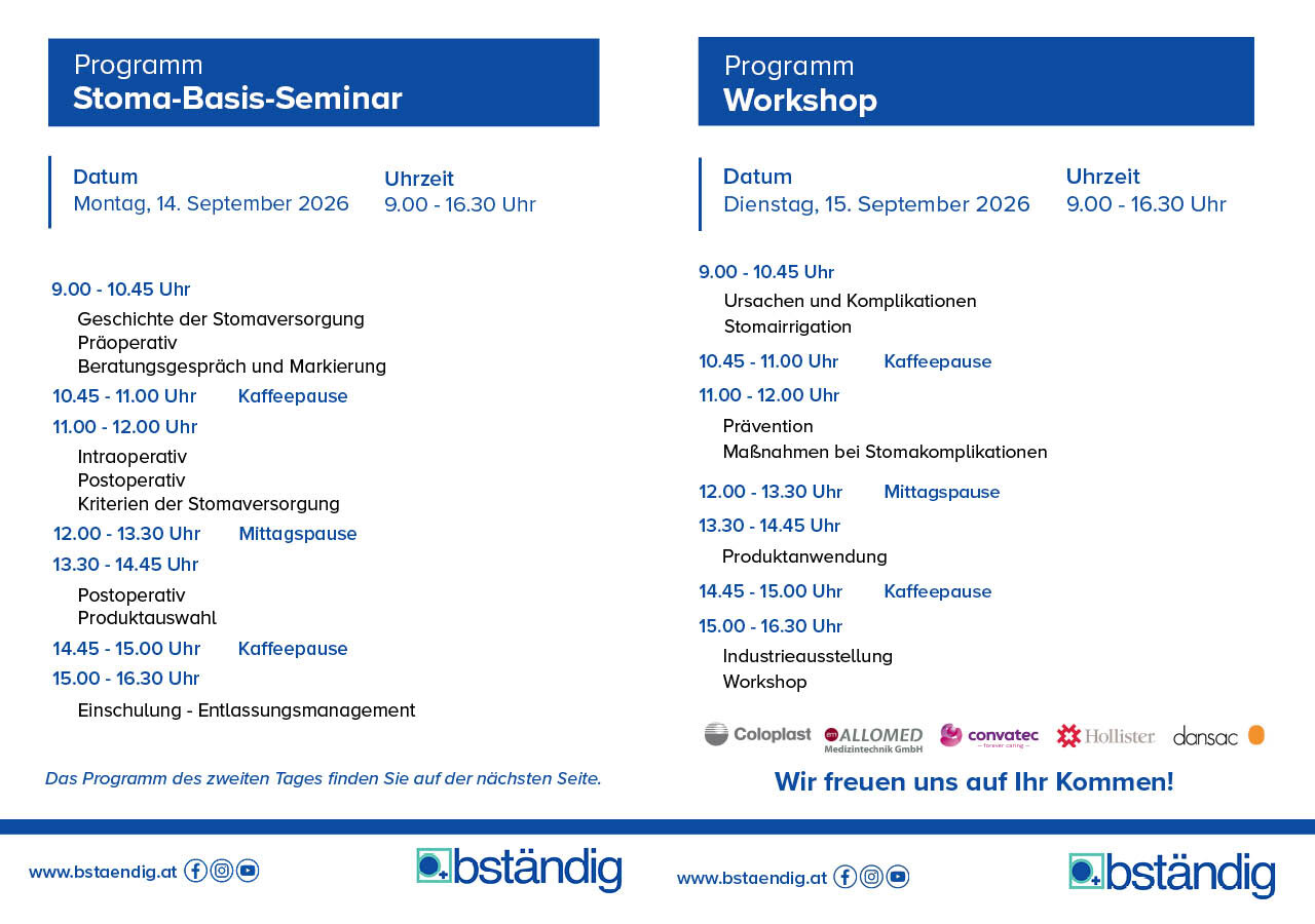 Einladung zum Stoma-Seminar Krems 2026 von bständig mit detailliertem 2-Tages-Programm.
