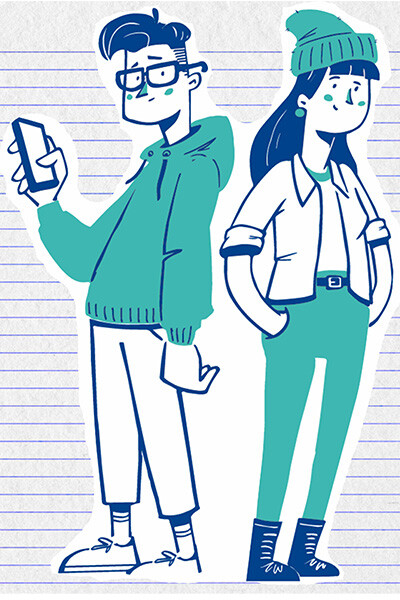 Illustration von einem Mädchen und einem jungen Mann neben einem Kreis mit dem Text „Darum brauchen wir dich“.