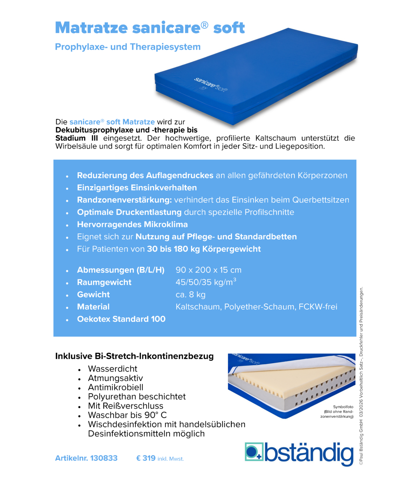 Produktdatenblatt sanicare soft Matratze