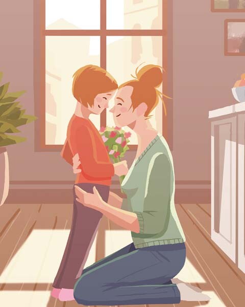 Illustration von bstndig: Mutter umarmt ihr Kind mit Blumen in der Hand