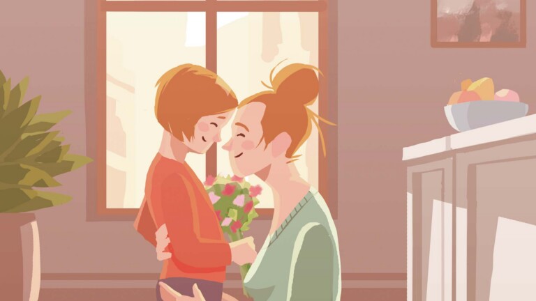 Illustration von bstndig: Mutter umarmt ihr Kind mit Blumen in der Hand