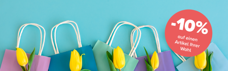 Collage auf hell blauem Hintergrund mit bunten Einkaufstüten und gelben Tulpen.