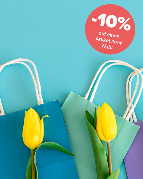 Collage auf hell blauem Hintergrund mit bunten Einkaufstüten und gelben Tulpen.