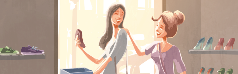 Illustration von zwei Frauen die Schuhe kaufen.