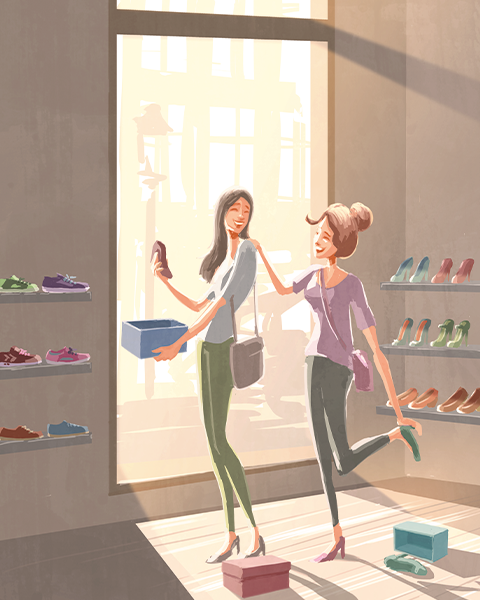 Illustration von zwei Frauen die Schuhe kaufen.