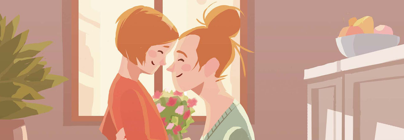 Illustration von bstndig: Mutter umarmt ihr Kind mit Blumen in der Hand