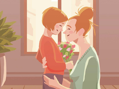 Illustration von bstndig: Mutter umarmt ihr Kind mit Blumen in der Hand