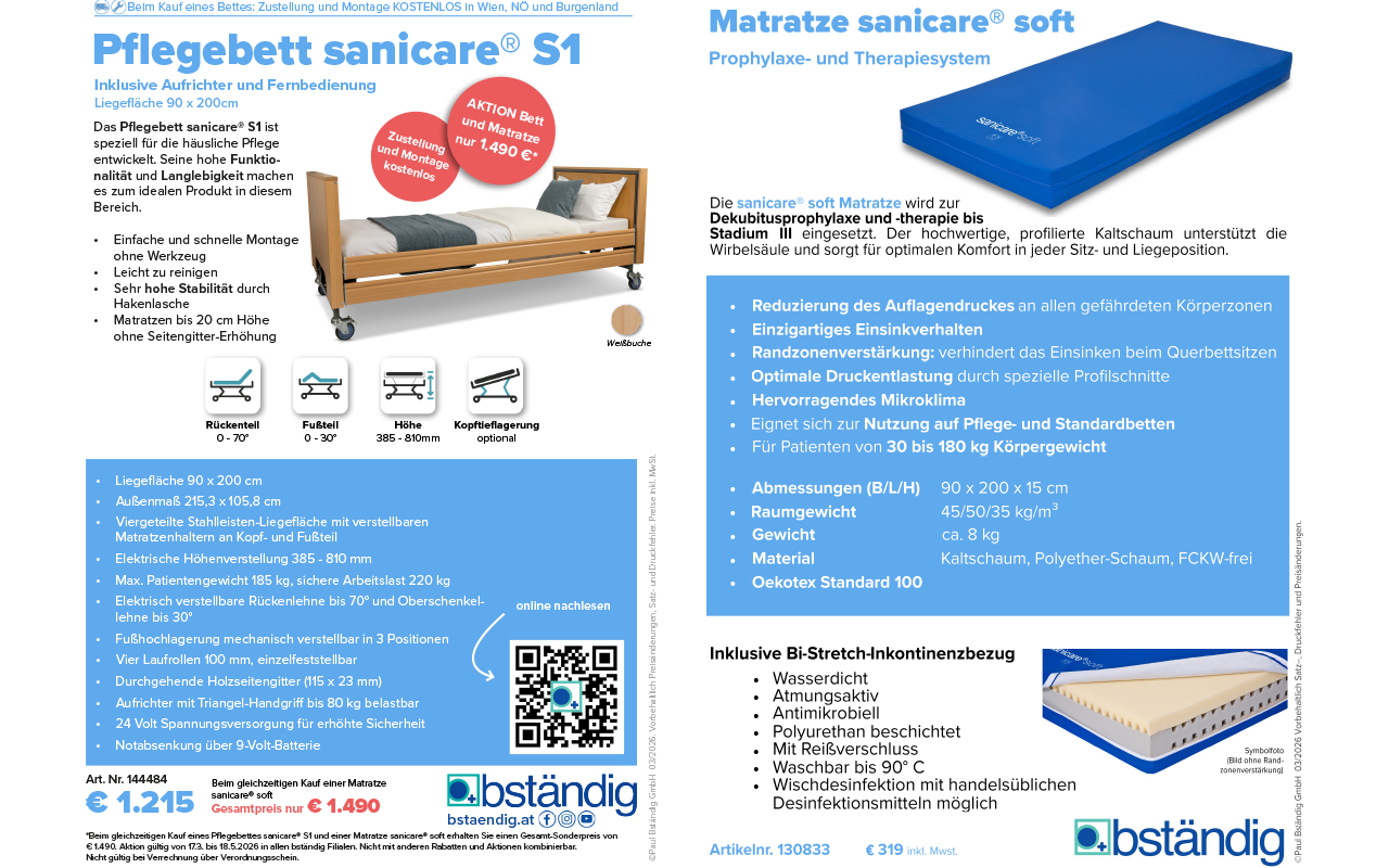 Produktdatenblatt Pflegebett sanicare S1 und Matratze sanice soft.