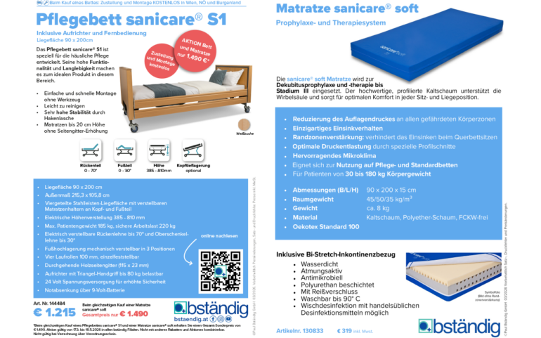 Produktdatenblatt Pflegebett sanicare S1 und Matratze sanice soft.