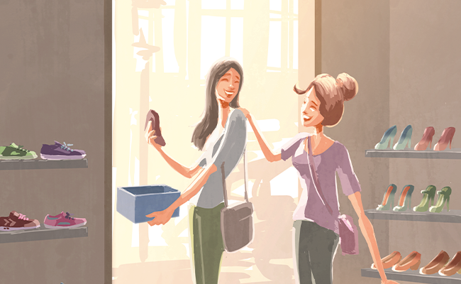 Illustration von zwei Frauen die Schuhe kaufen.