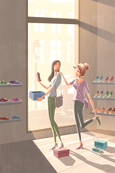 Illustration von zwei Frauen die Schuhe kaufen.