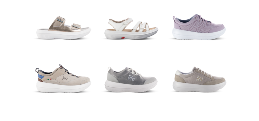 Collage von verschiedenen Kybun Schuhen.