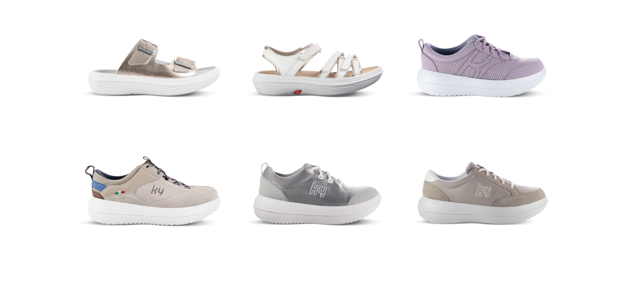 Collage von verschiedenen Kybun Schuhen.