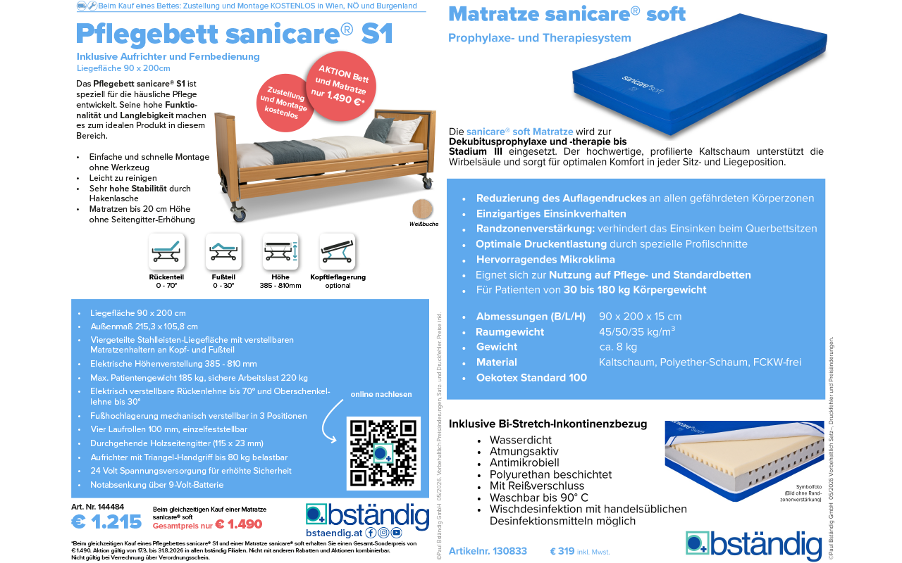 Produktdatenblatt Pflegebett sanicare S1 und Matratze sanice soft.