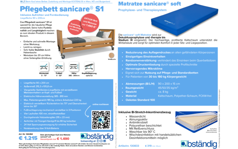 Produktdatenblatt Pflegebett sanicare S1 und Matratze sanice soft.