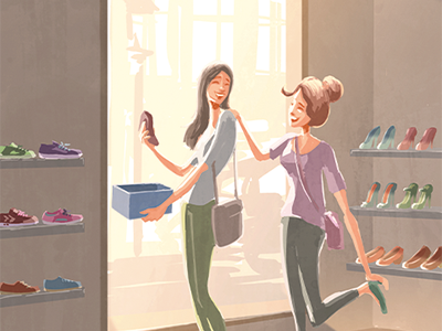 Illustration von zwei Frauen die Schuhe kaufen.